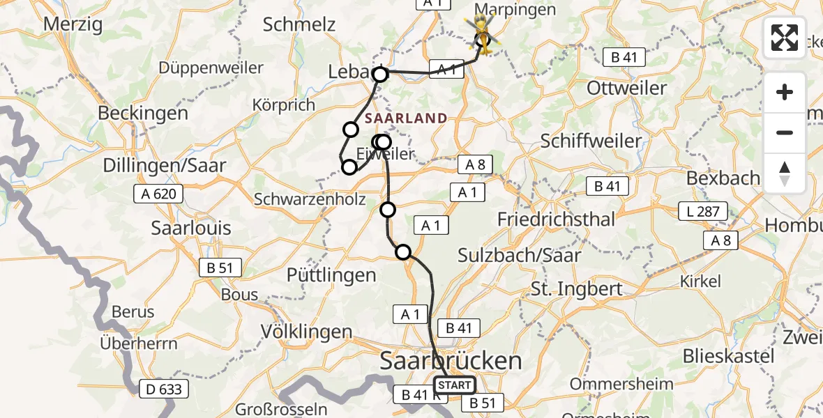 Flugroute Rettungshubschrauber Saarbrücken - Marpingen, 21 Februar 2026, 10:27