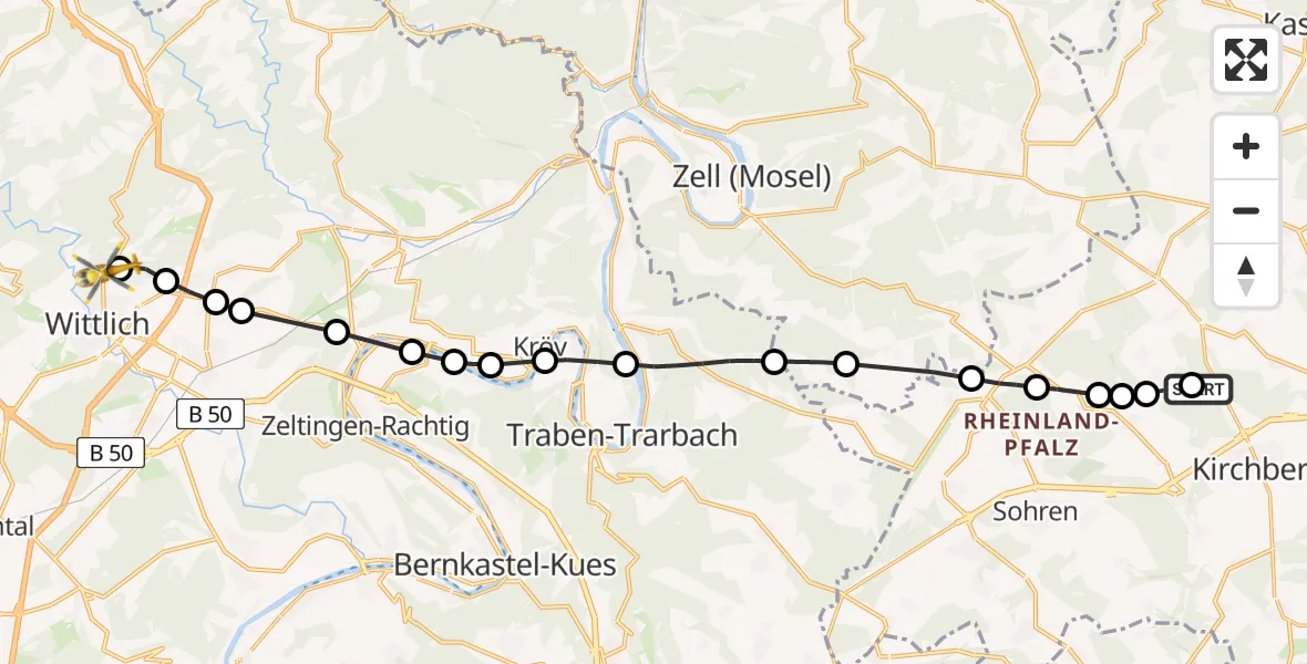Flugroute Rettungshubschrauber Metzenhausen - Bernkastel/Wittlich Compound Hospital Heliport (Christoph 10), 21 Februar 2026, 10:27