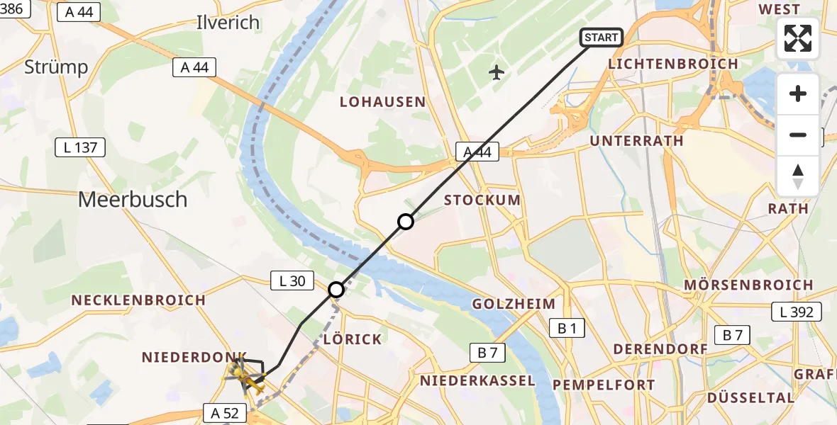 Flugroute Rettungshubschrauber Düsseldorf Airport - Meerbusch, 21 Februar 2026, 10:32