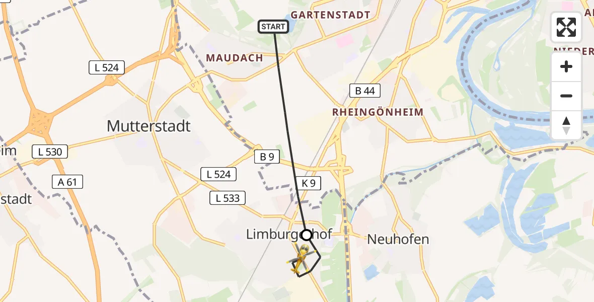 Flugroute Rettungshubschrauber Ludwigshafen am Rhein - Limburgerhof, 21 Februar 2026, 10:35