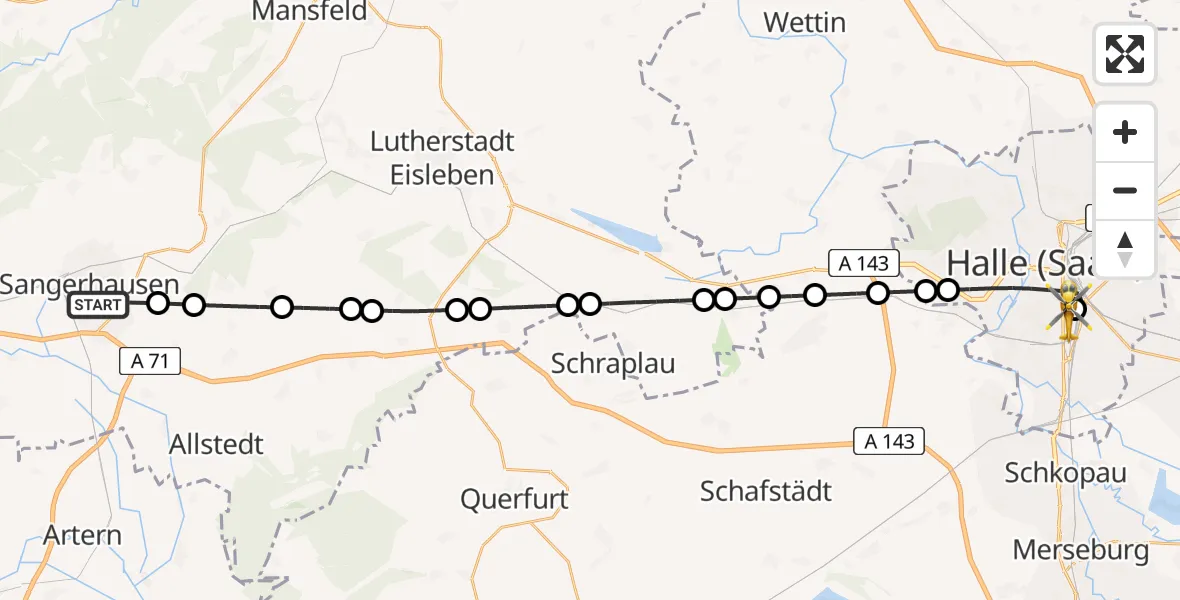 Routekaart van de vlucht: Rettungshubschrauber nach BG Hospital Bergmannstrost Halle Heliport