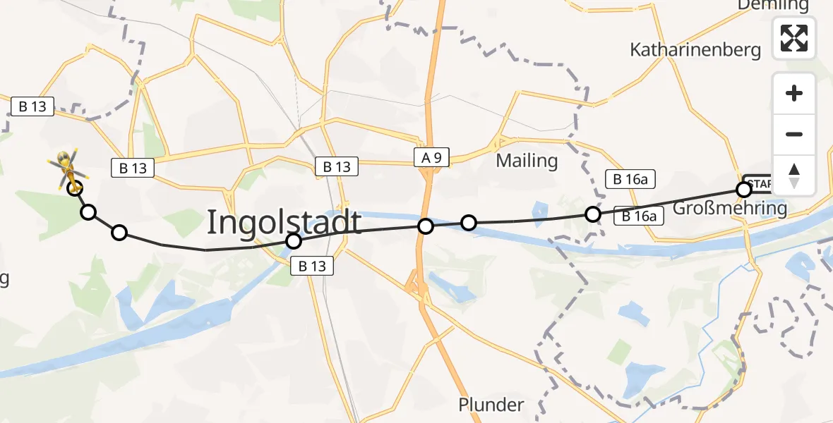Routekaart van de vlucht: Rettungshubschrauber nach Ingolstadt Hospital Heliport