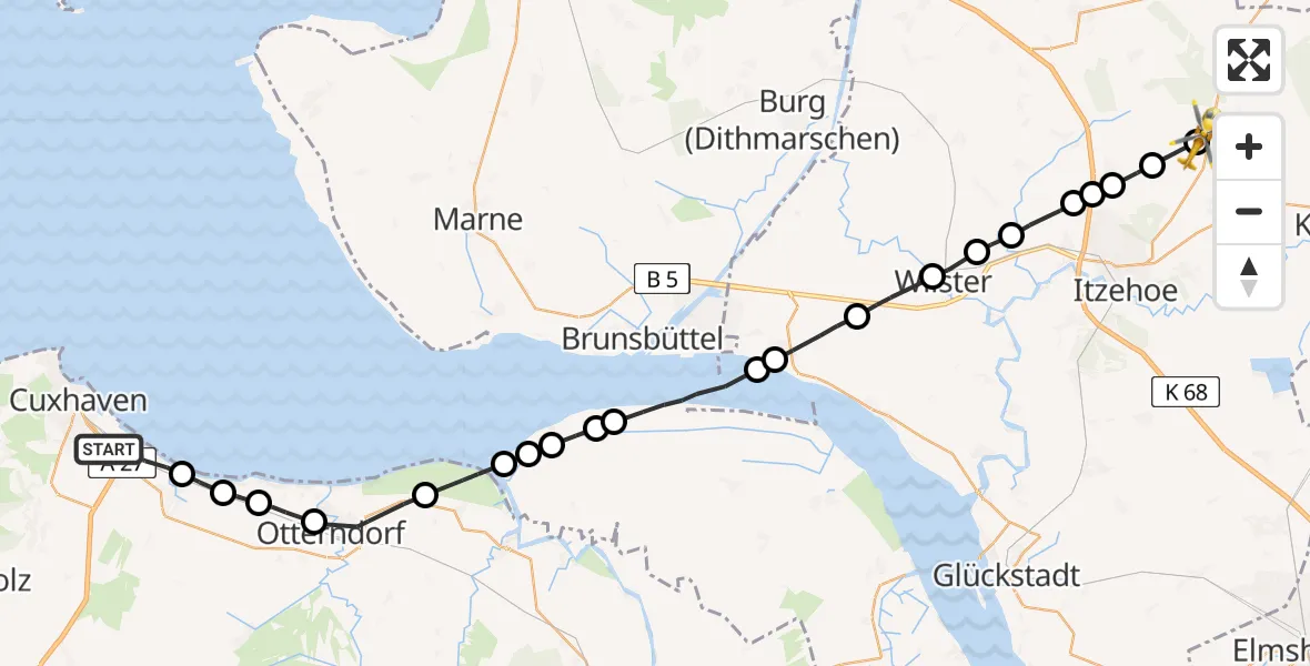 Flugroute Rettungshubschrauber Cuxhaven - Itzehoe Hungriger Wolf Airfield, 21 Februar 2026, 11:01
