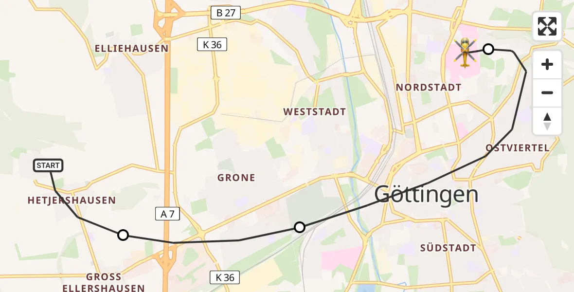 Flugroute Rettungshubschrauber Göttingen - Göttingen University Clinic Heliport, 21 Februar 2026, 11:02