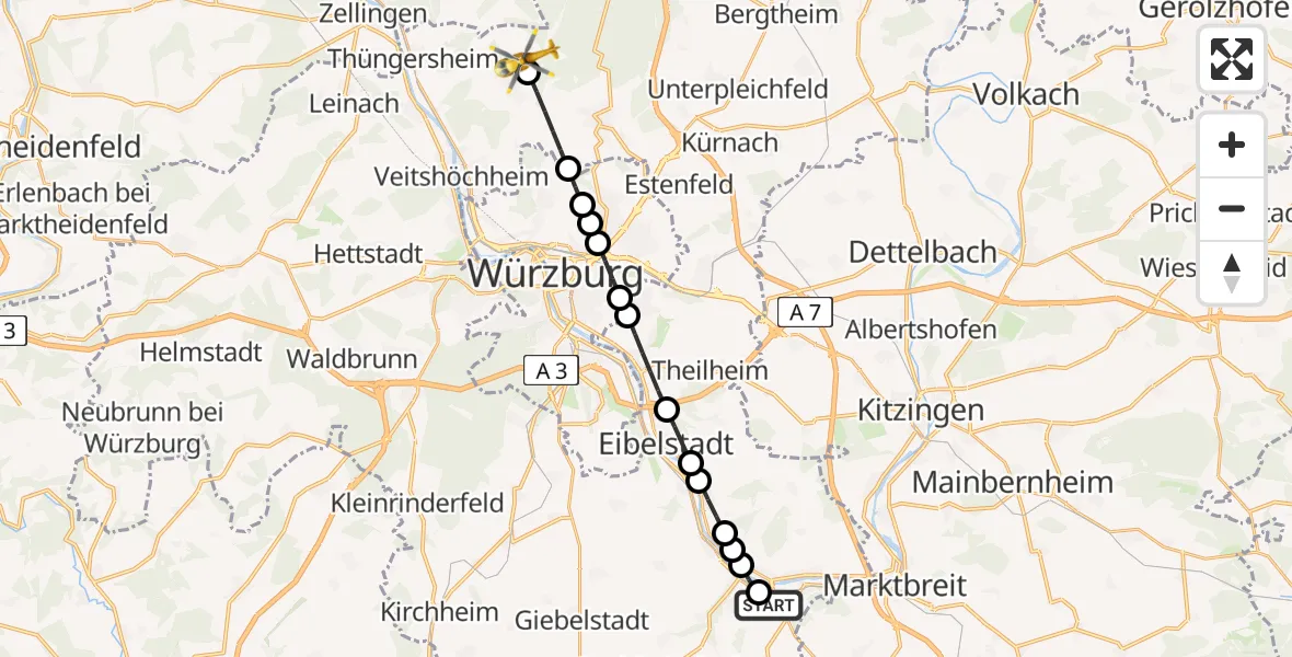 Flugroute Rettungshubschrauber Ochsenfurt - Güntersleben, 21 Februar 2026, 11:04