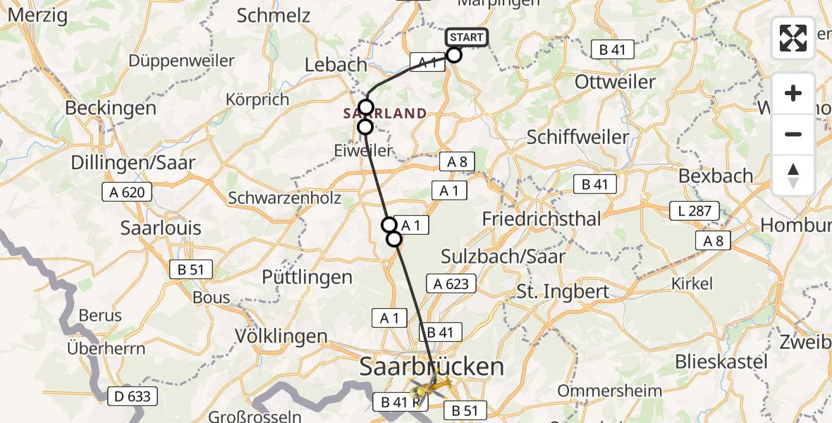 Flugroute Rettungshubschrauber Marpingen - Saarbrücken, 21 Februar 2026, 11:08