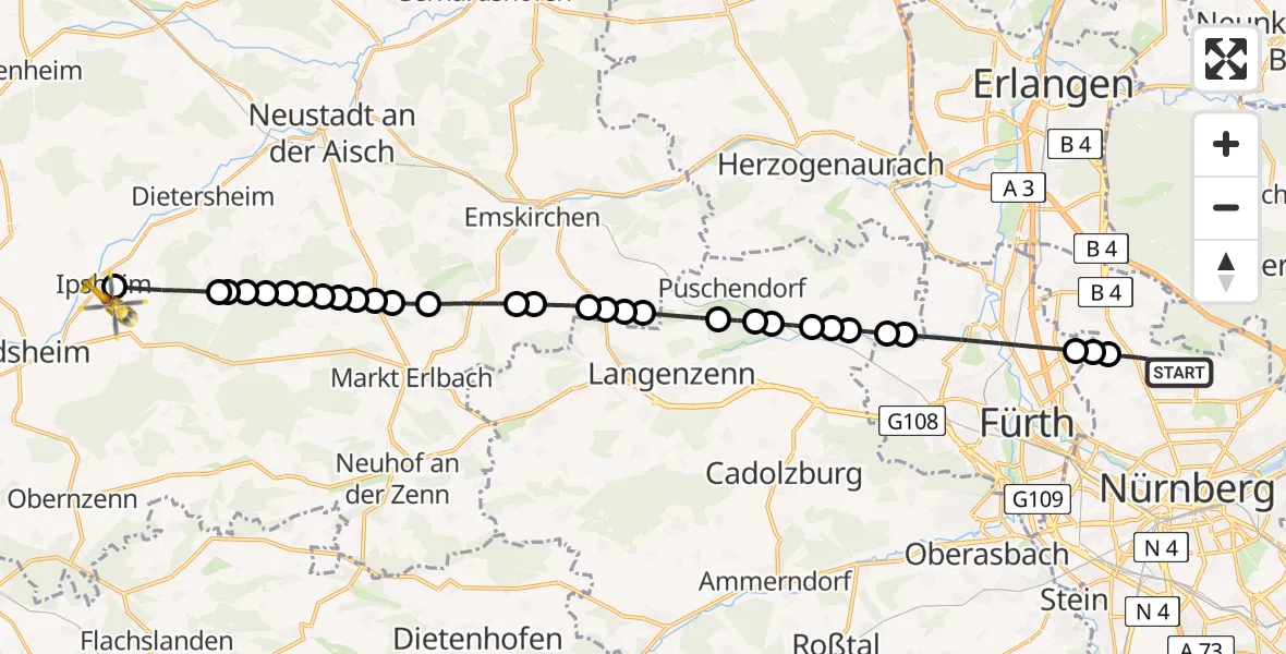 Flugroute Rettungshubschrauber Nuremberg Airport - Oberndorf, 21 Februar 2026, 11:09