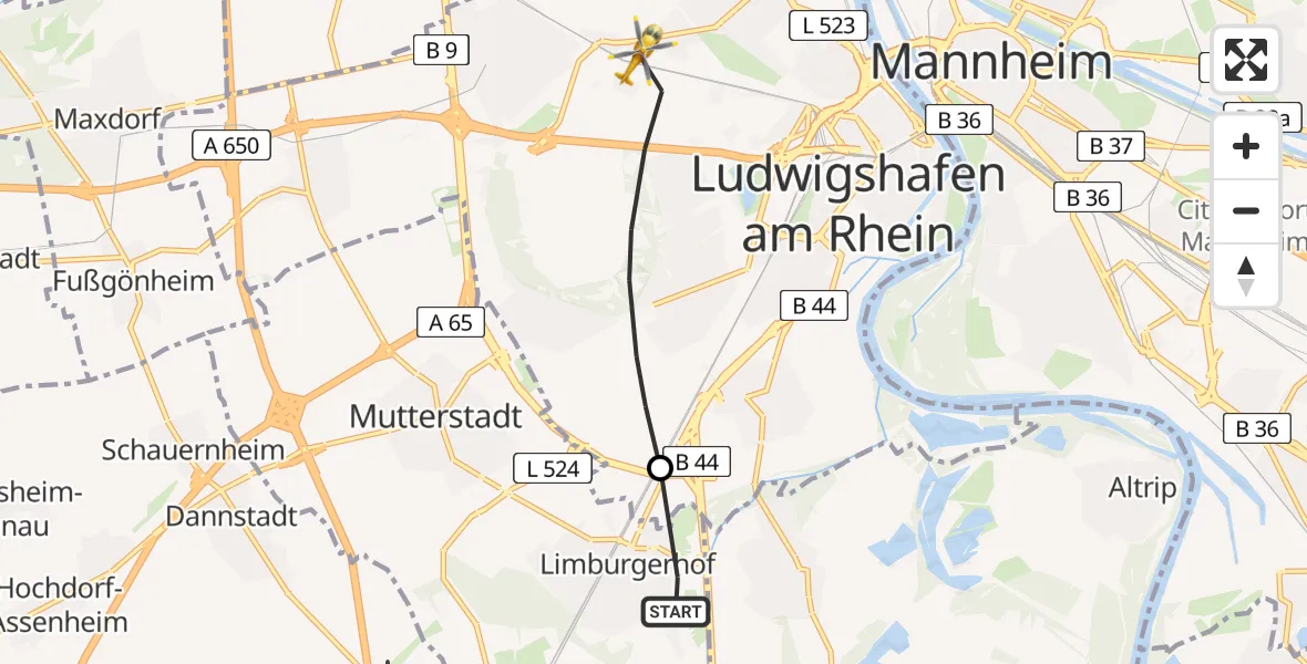 Flugroute Rettungshubschrauber Limburgerhof - Ludwigshafen am Rhein, 21 Februar 2026, 11:20