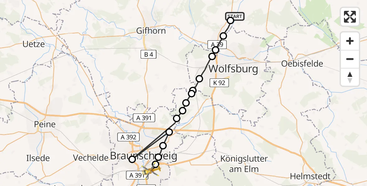 Flugroute Rettungshubschrauber Barwedel - Südstadt-Rautheim-Mascherode, 21 Februar 2026, 11:22