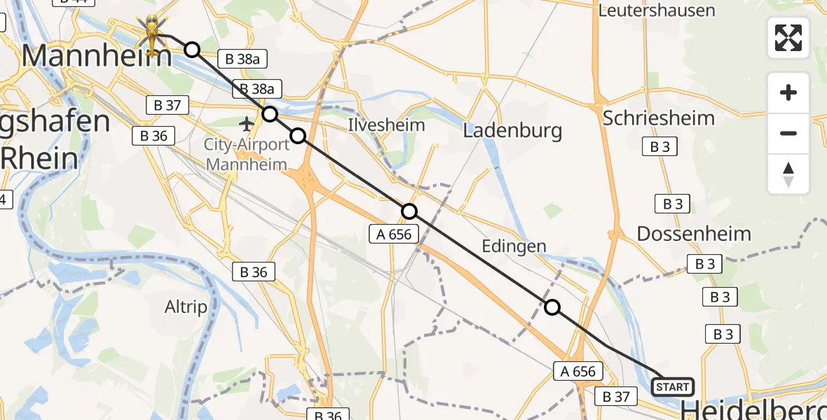 Flugroute Rettungshubschrauber Heidelberg - Neckarstadt-Ost/Wohlgelegen, 21 Februar 2026, 11:26
