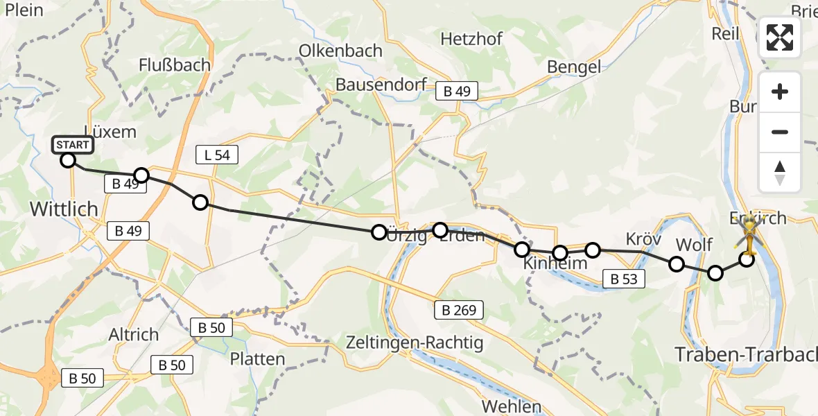 Flugroute Rettungshubschrauber Bernkastel/Wittlich Compound Hospital Heliport (Christoph 10) - Kövenig, 21 Februar 2026, 11:37