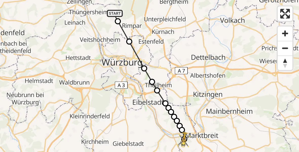 Flugroute Rettungshubschrauber Güntersleben - Marktbreit, 21 Februar 2026, 11:46