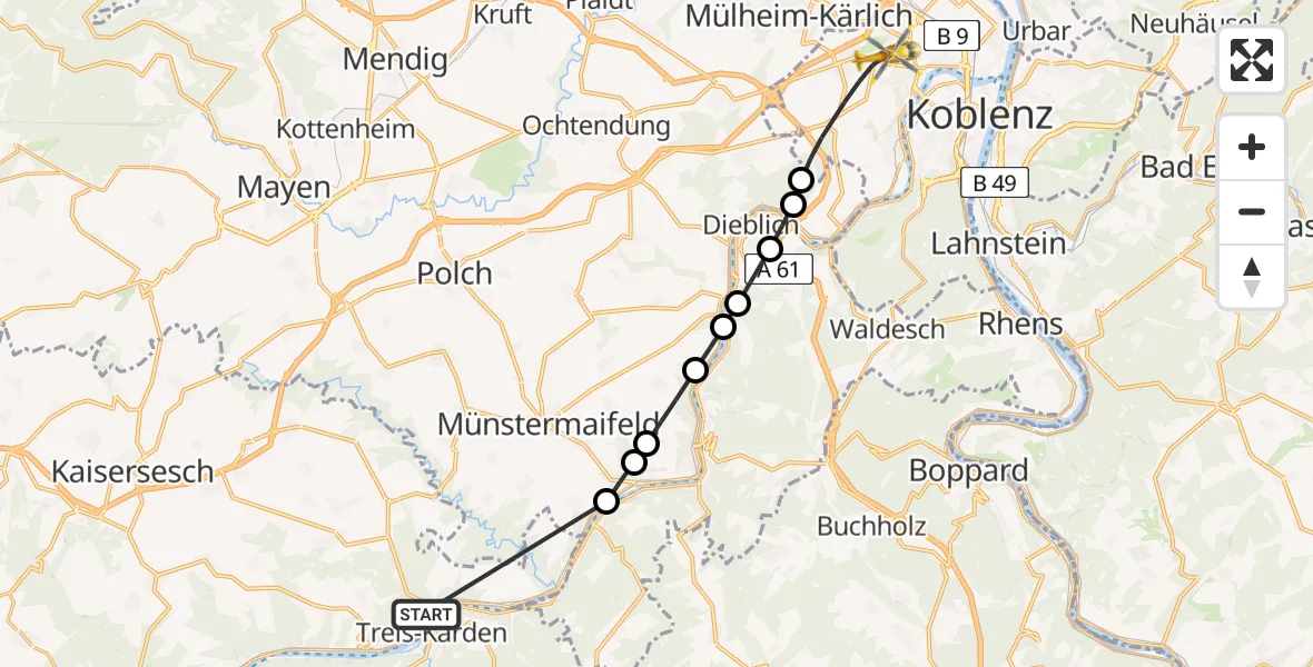 Flugroute Rettungshubschrauber Treis-Karden - Bubenheim, 21 Februar 2026, 11:54