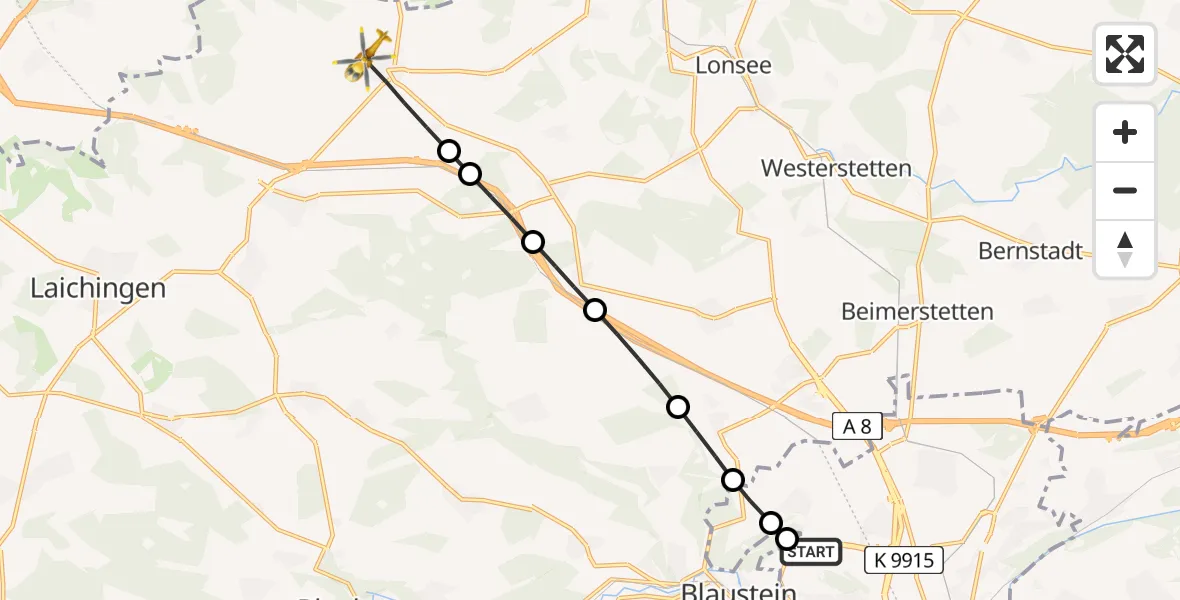 Flugroute Rettungshubschrauber ADAC Air Rescue Station Ulm (Christoph 22) - Nellingen, 21 Februar 2026, 11:58