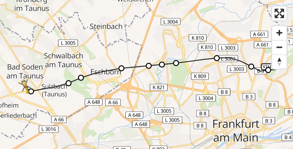 Flugroute Rettungshubschrauber Frankfurt am Main Accident Hospital Roof Helipad (CHX2) - Bad Soden am Taunus, 21 Februar 2026, 11:59