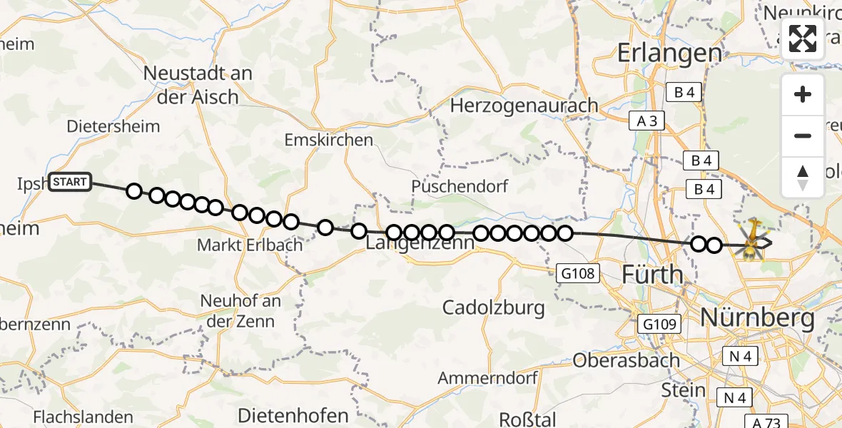 Routekaart van de vlucht: Rettungshubschrauber nach Nuremberg Airport