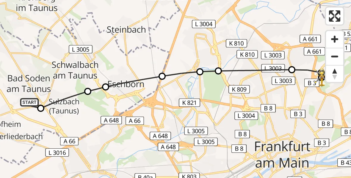 Routekaart van de vlucht: Rettungshubschrauber nach Frankfurt am Main Accident Hospital Roof Helipad (CHX2)