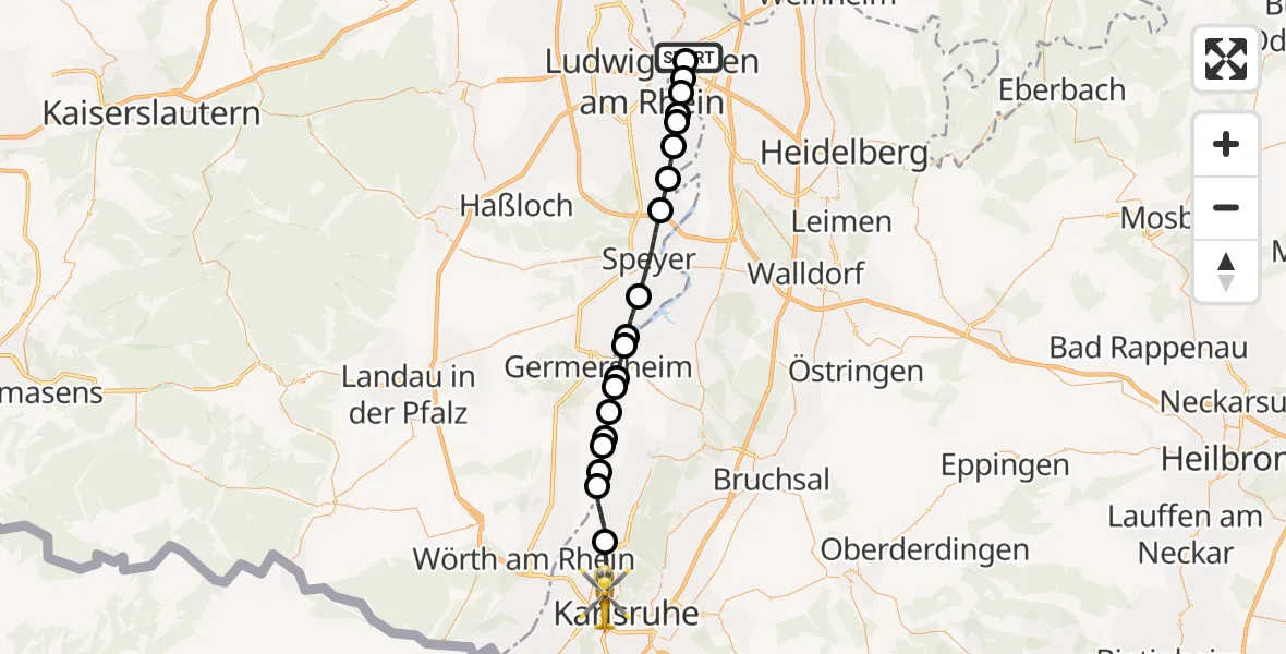 Flugroute Rettungshubschrauber Neckarstadt-Ost/Wohlgelegen - Karlsruhe, 21 Februar 2026, 12:18