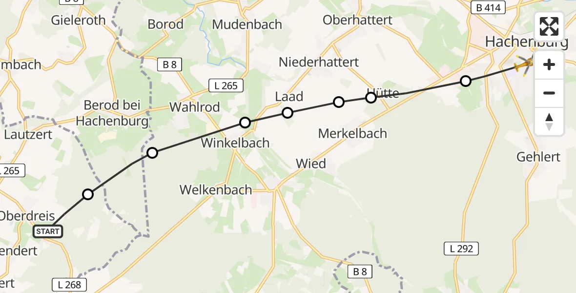 Flugroute Rettungshubschrauber Dendert - Hachenburg, 21 Februar 2026, 12:28