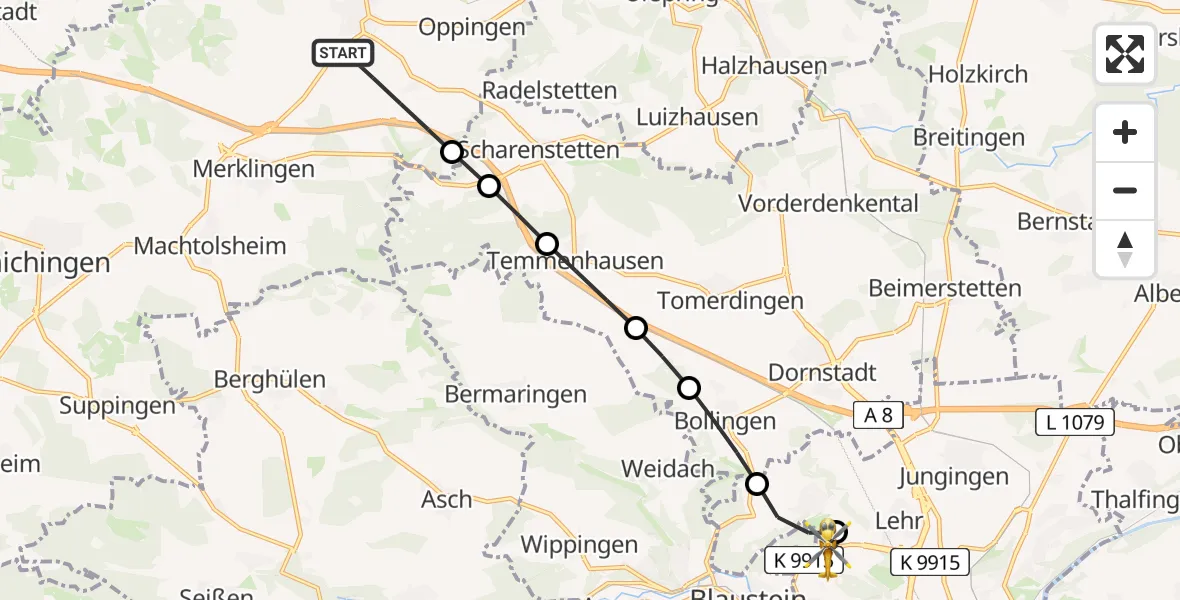 Flugroute Rettungshubschrauber Nellingen - ADAC Air Rescue Station Ulm (Christoph 22), 21 Februar 2026, 12:36