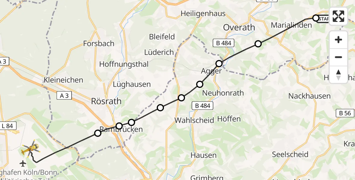 Routekaart van de vlucht: Rettungshubschrauber nach Cologne Bonn Airport