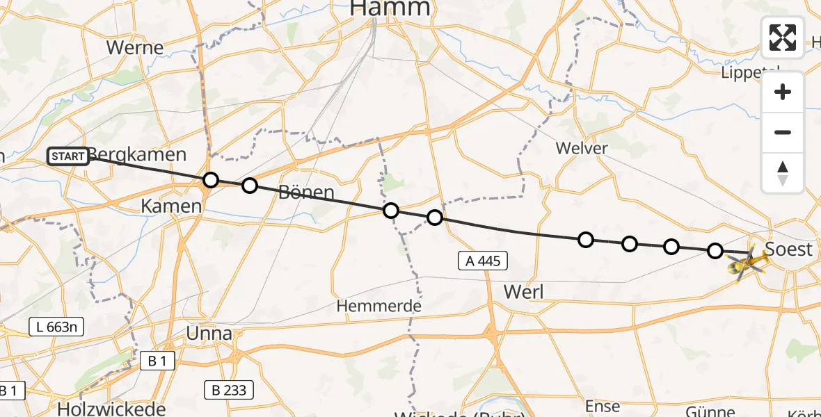 Flugroute Rettungshubschrauber Bergkamen - Soest, 21 Februar 2026, 12:47