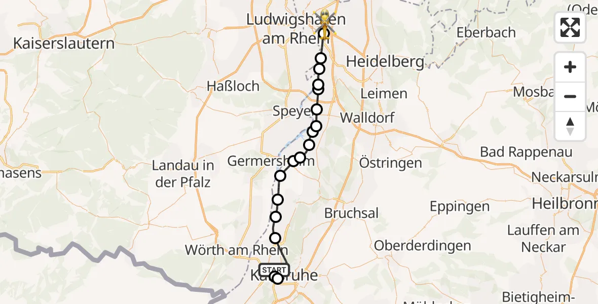 Flugroute Rettungshubschrauber Karlsruhe - Mannheim-City Airport, 21 Februar 2026, 13:11