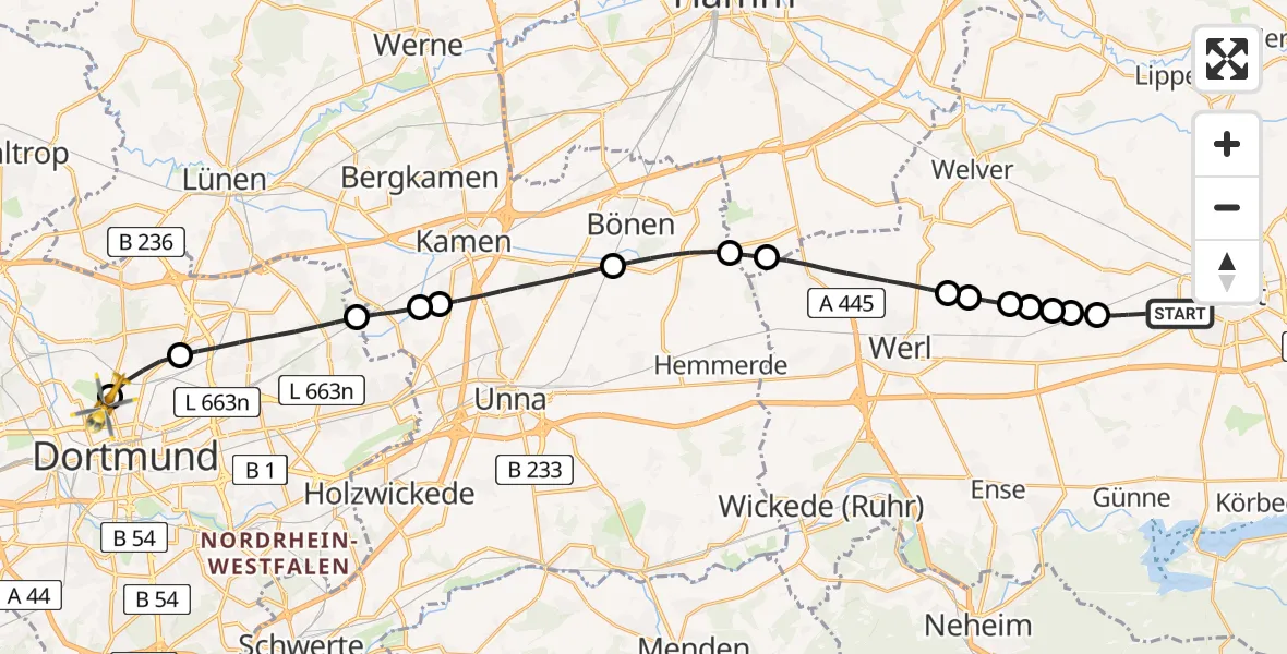 Flugroute Rettungshubschrauber Soest - Dortmund Hospital North Heliport, 21 Februar 2026, 13:16