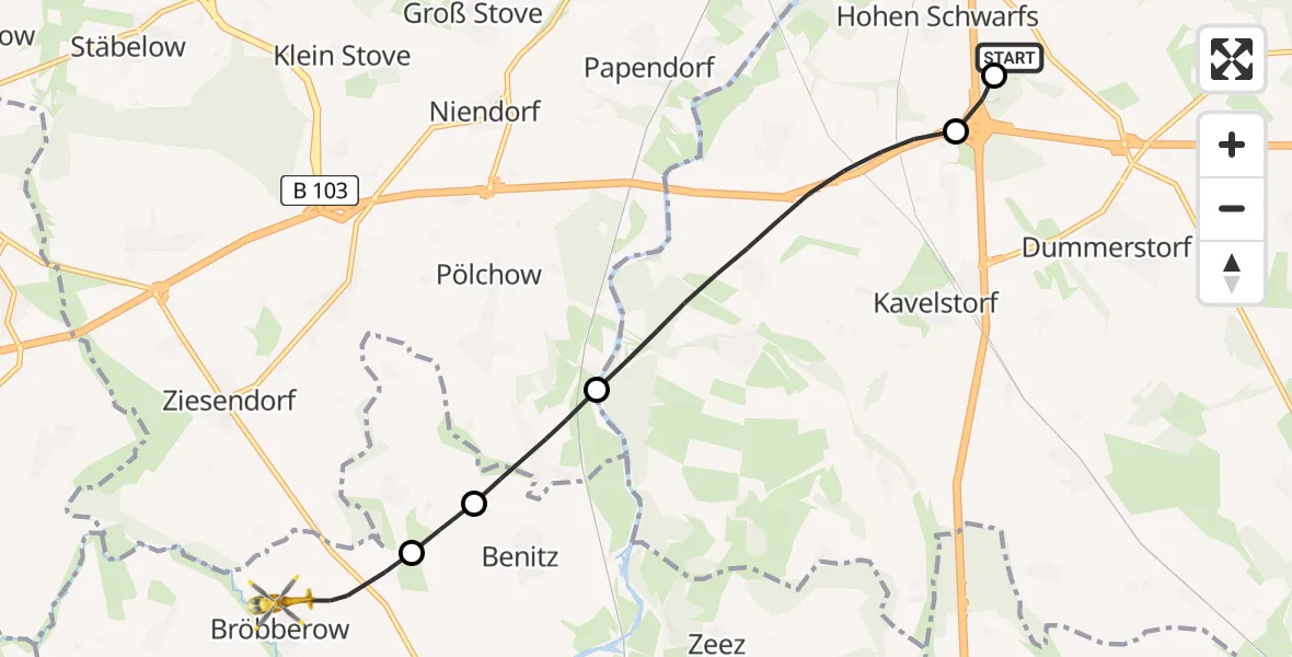 Flugroute Ambulanzhubschrauber Dummerstorf - Bröbberow, 21 Februar 2026, 13:23