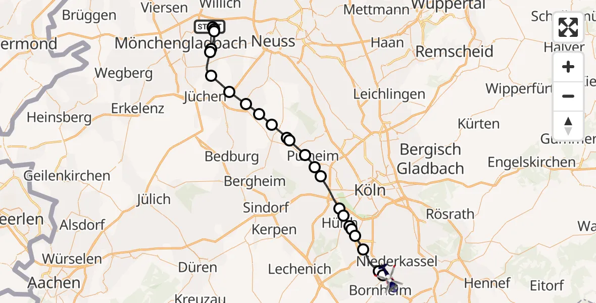 Flugroute Polizeihubschrauber Mönchengladbach Airport - Widdig, 21 Februar 2026, 13:29