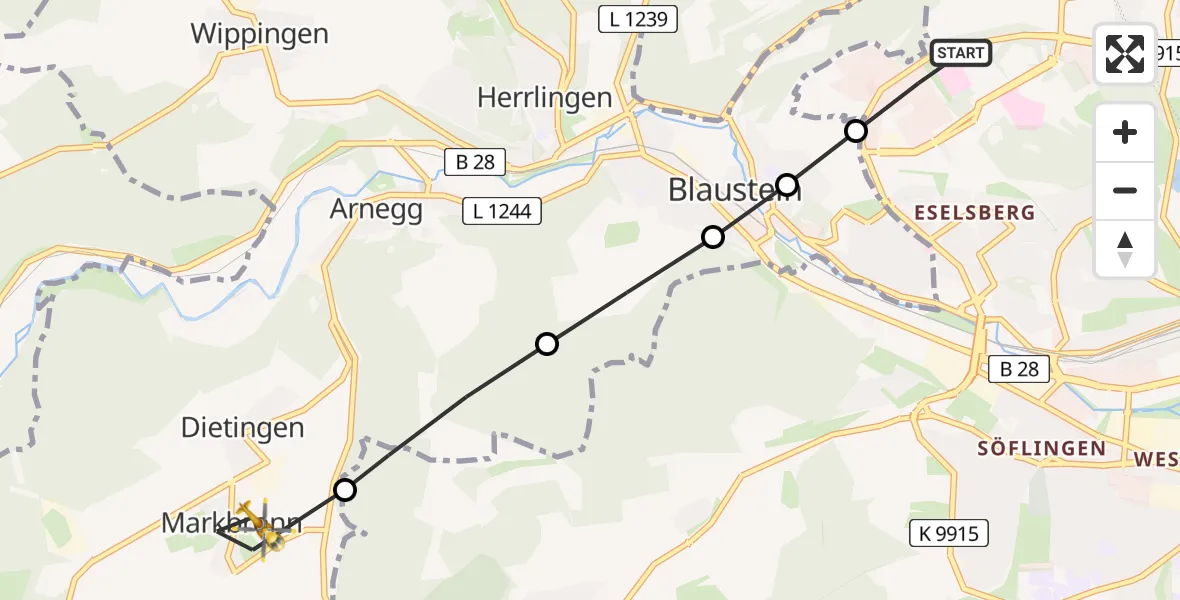 Flugroute Rettungshubschrauber ADAC Air Rescue Station Ulm (Christoph 22) - Markbronn, 21 Februar 2026, 13:31