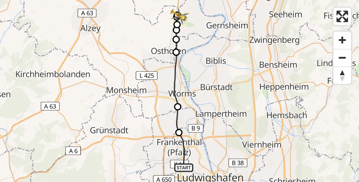 Flugroute Rettungshubschrauber Frankenthal (Pfalz) - Gimbsheim, 21 Februar 2026, 13:41
