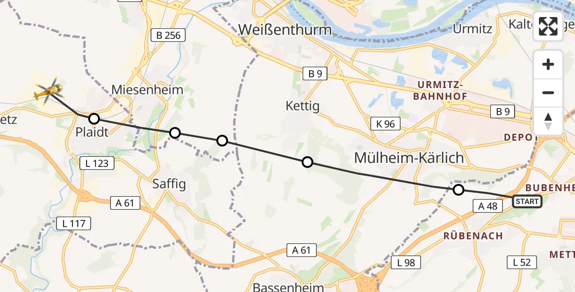 Flugroute Rettungshubschrauber Rübenach - Kretz, 21 Februar 2026, 13:43