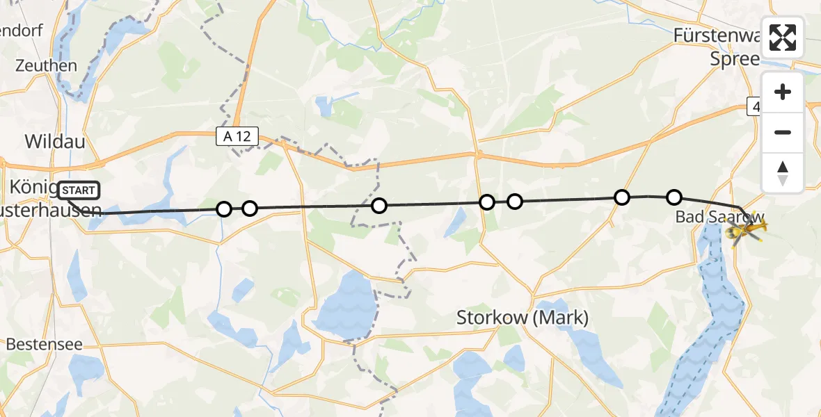 Flugroute Rettungshubschrauber Königs Wusterhausen - Bad Saarow, 21 Februar 2026, 13:49