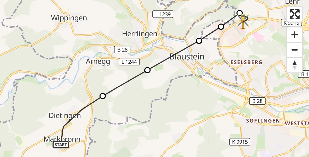 Flugroute Rettungshubschrauber Markbronn - ADAC Air Rescue Station Ulm (Christoph 22), 21 Februar 2026, 13:52