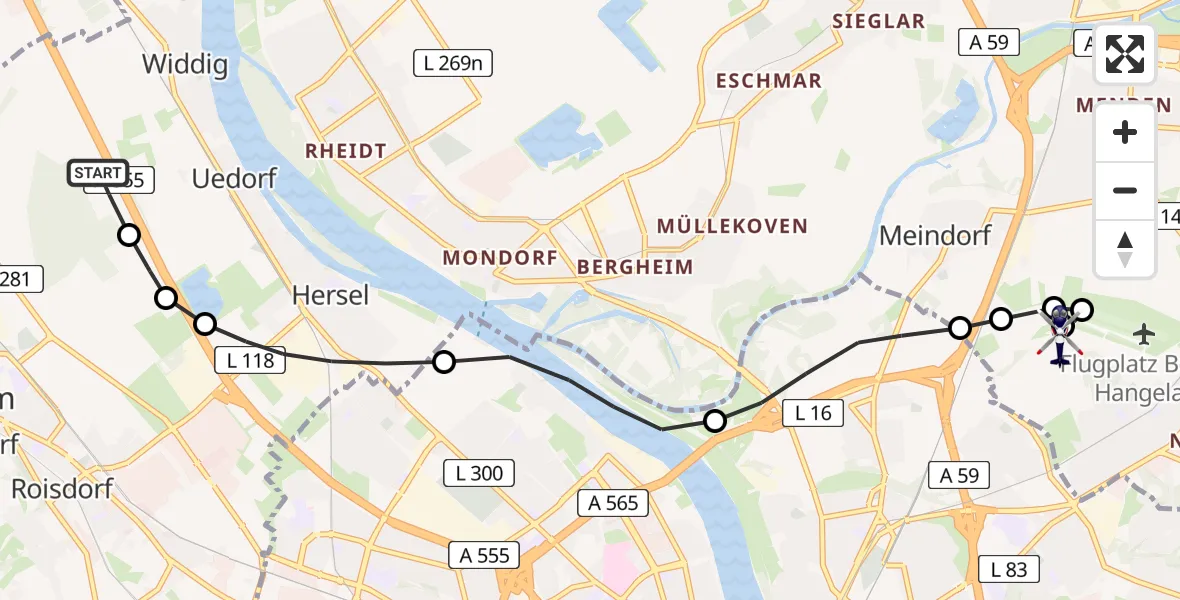 Flugroute Polizeihubschrauber Widdig - Sankt Augustin, 21 Februar 2026, 13:55