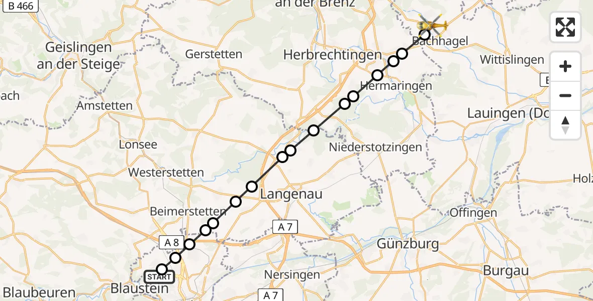 Flugroute Rettungshubschrauber ADAC Air Rescue Station Ulm (Christoph 22) - Ballhausen, 21 Februar 2026, 14:08