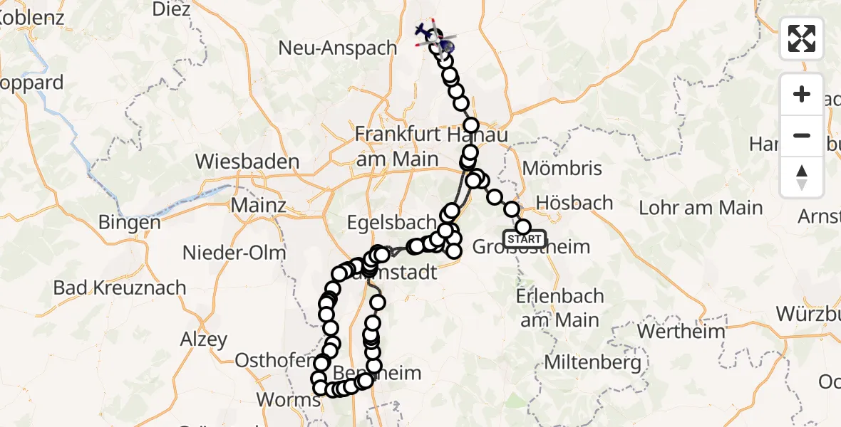 Routekaart van de vlucht: Polizeihubschrauber nach Bruchenbrücken, Römerstraße