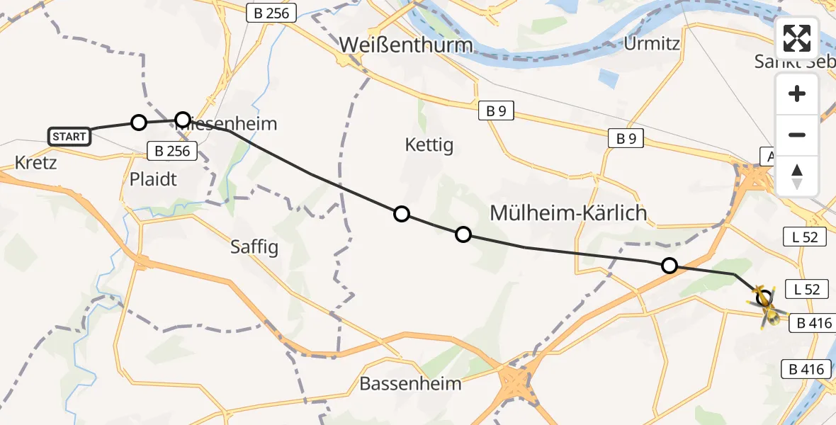 Routekaart van de vlucht: Rettungshubschrauber nach Koblenz, Metternicher Weg