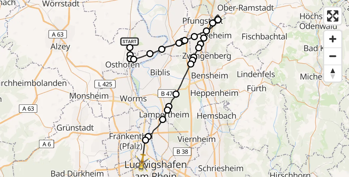 Flugroute Rettungshubschrauber Gimbsheim - Ludwigshafen Accident Hospital Heliport, 21 Februar 2026, 14:18