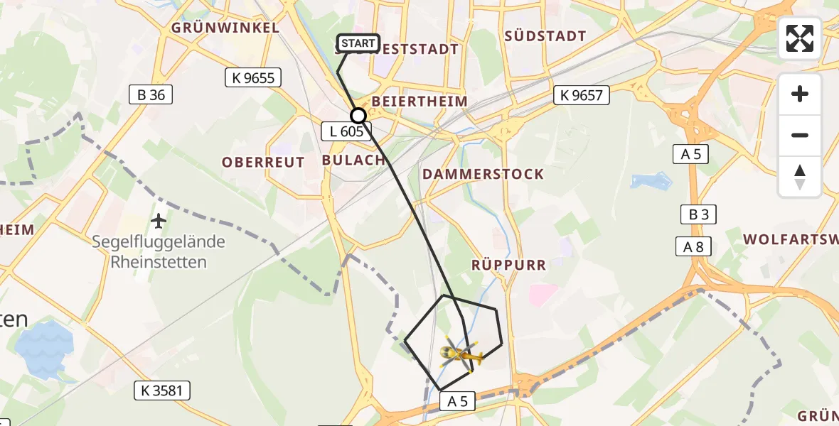 Flugroute Rettungshubschrauber Sankt Vincentius Hospital Heliport - Karlsruhe, 21 Februar 2026, 14:24