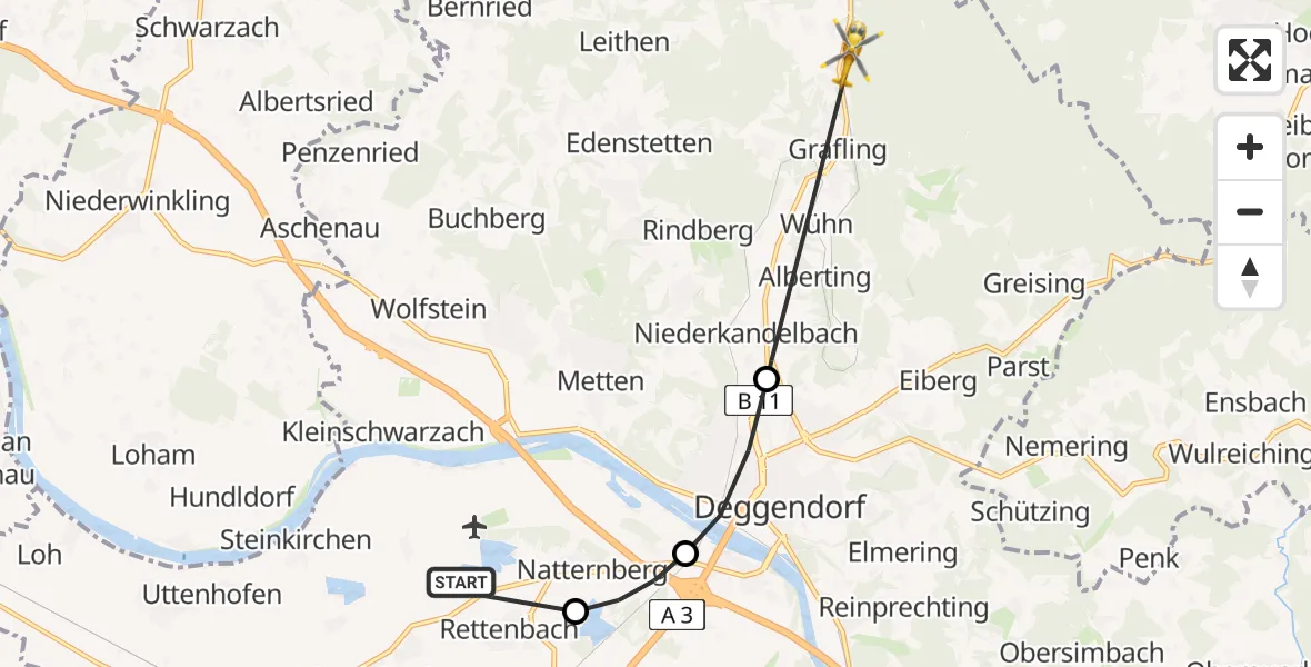 Flugroute Rettungshubschrauber Rettenbach - Grafling, 21 Februar 2026, 14:24