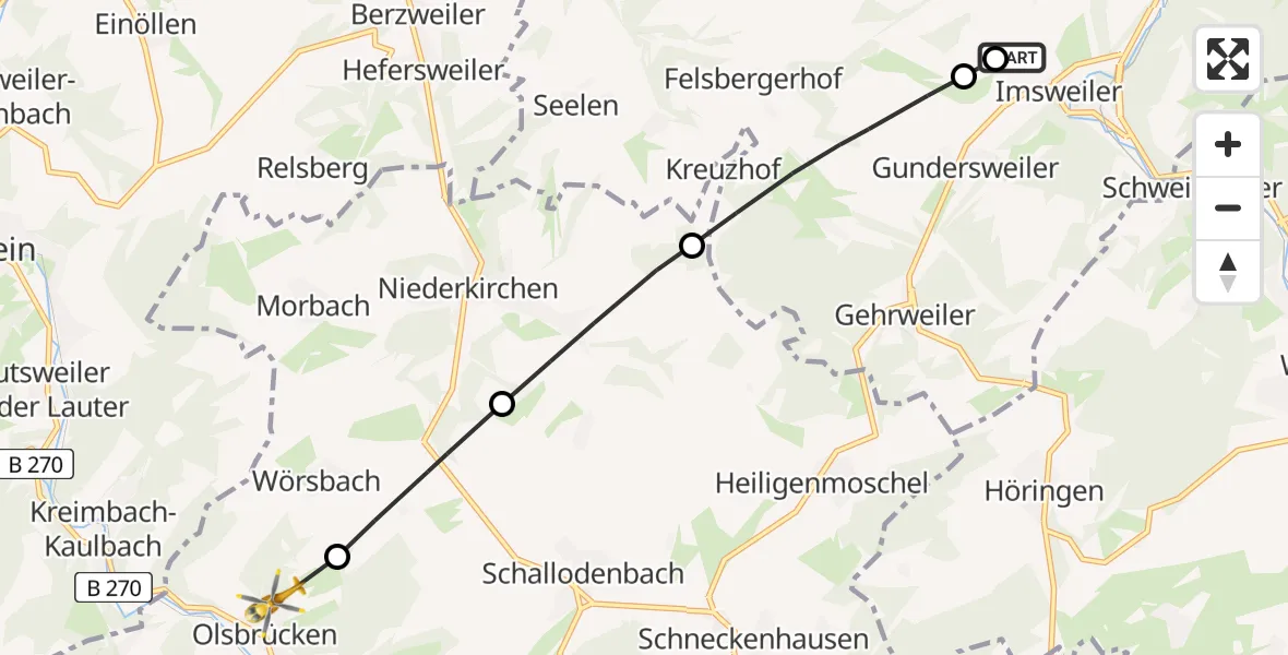 Flugroute Rettungshubschrauber Imsweiler UL - Olsbrücken, 21 Februar 2026, 14:32