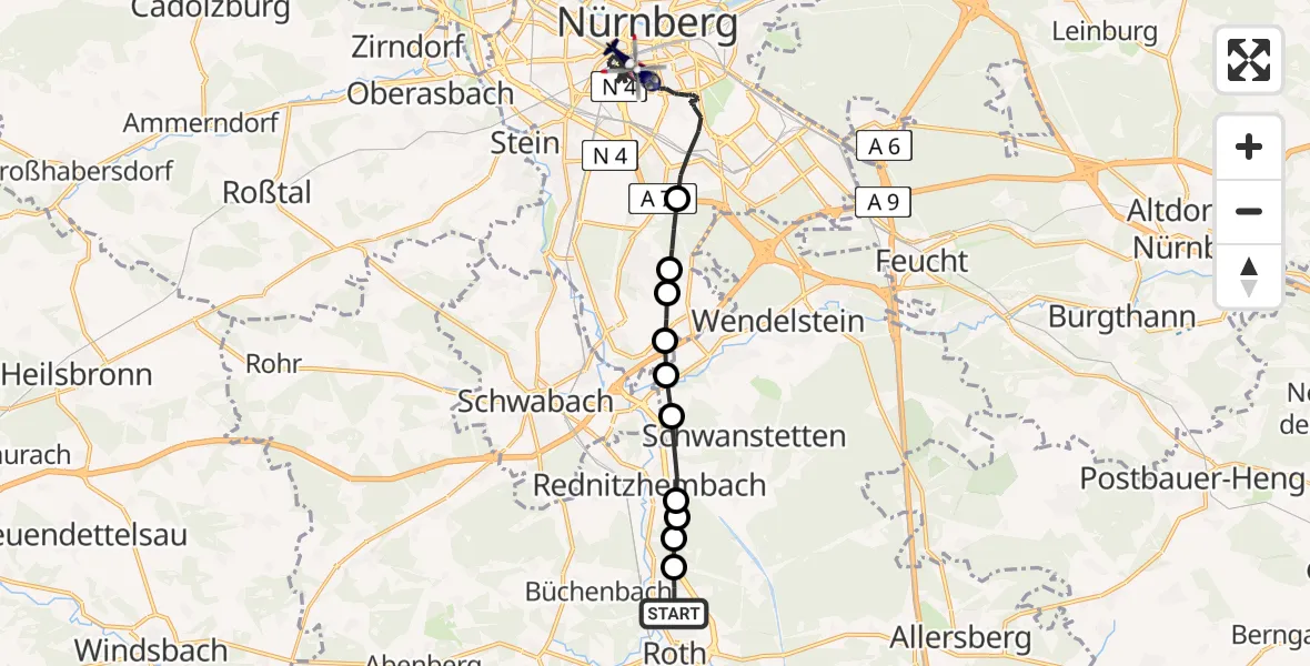 Flugroute Polizeihubschrauber Pfaffenhofen (Roth) - Nürnberg, 21 Februar 2026, 14:37