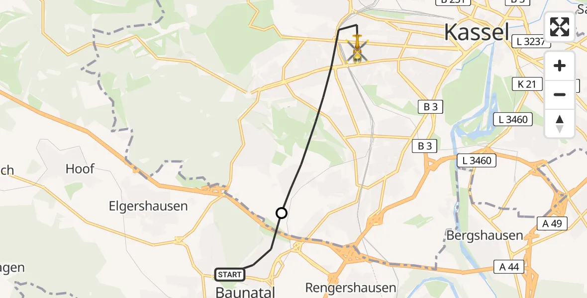 Flugroute Rettungshubschrauber Baunatal - Kassel, 21 Februar 2026, 14:39