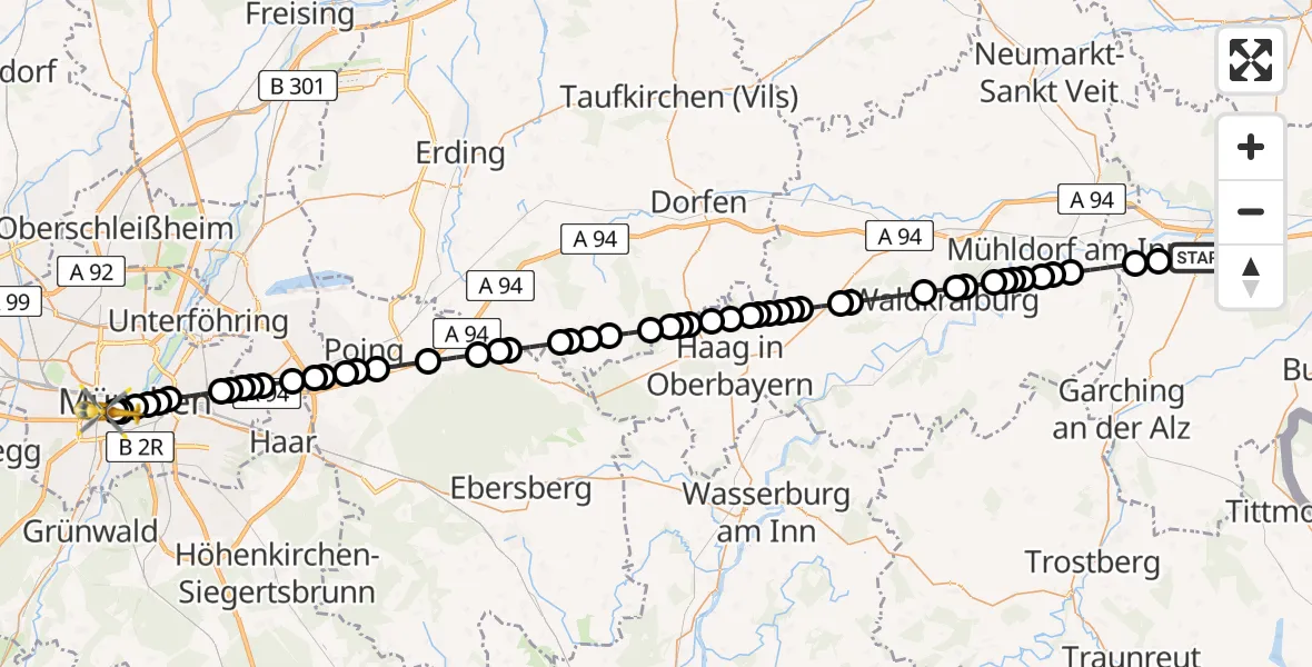 Flugroute Ambulanzhubschrauber Altötting - Ludwigsvorstadt-Isarvorstadt, 21 Februar 2026, 14:39