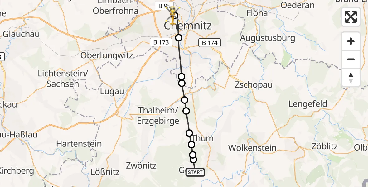 Routekaart van de vlucht: Rettungshubschrauber nach Flemmingstraße Hospital Rooftop Heliport