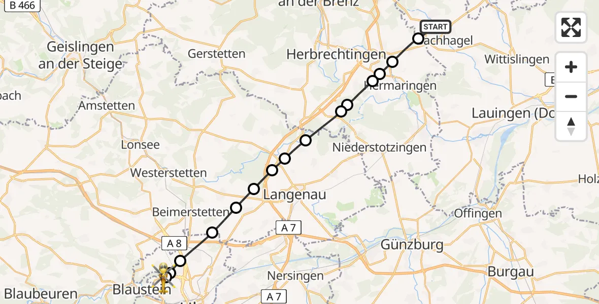 Flugroute Rettungshubschrauber Ballhausen - Ulm Military Hospital Emergency Heliport, 21 Februar 2026, 15:00