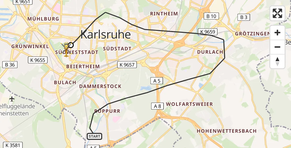 Flugroute Rettungshubschrauber Karlsruhe - Sankt Vincentius Hospital Heliport, 21 Februar 2026, 15:07