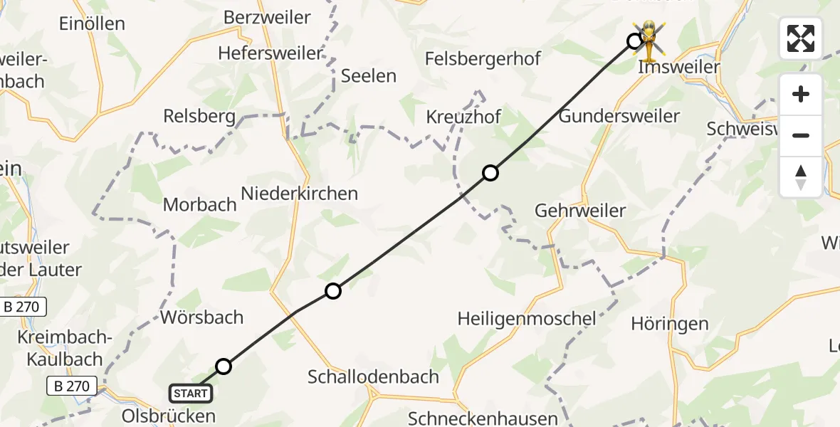 Flugroute Rettungshubschrauber Olsbrücken - Imsweiler UL, 21 Februar 2026, 15:08